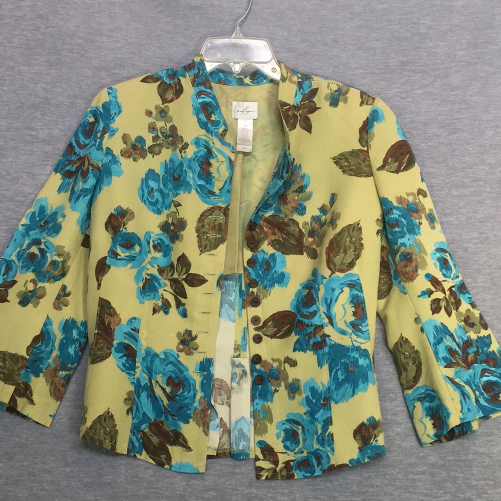 ENMA JAMES Linen Blend Rose Floral Design Mandarin Collar Peplum Style Back